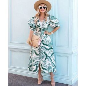 NWT H&M Johanna Ortiz White Green Leaf Linen Blend Dress Sz Large Tropical